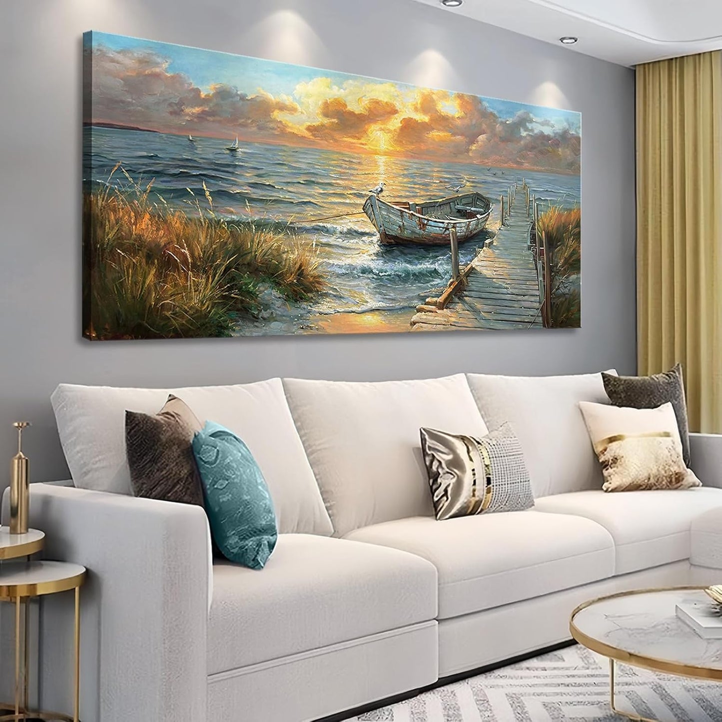 dgbtcart Ocean Sailboat Wall Art for Living Room Beach Sunset Canvas Picture Coastal Nautical Seascape Painting Artwork Vintage Farmhouse Wall Decor for Bathroom Bedroom Office Home 20"x40"