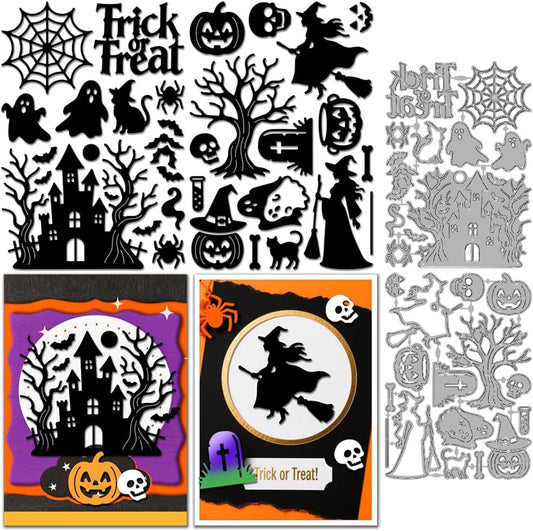 MAYJOYDIY Halloween Theme Cutting Dies Castle Ghost Bats Metal Cutting Dies Witch Broom Spider Hat Pumpkin Embossing Stencils Template for DIY Scrapbooking Photo Album Card Craft Decoration Supplies