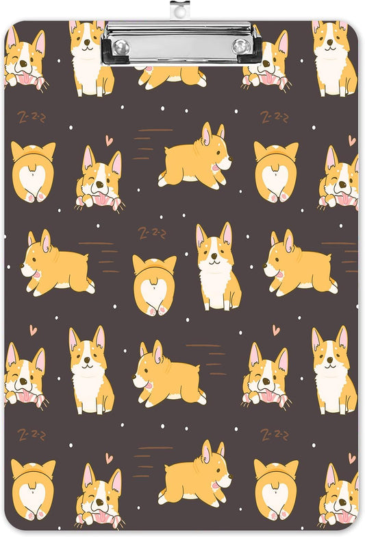 Fashion A4 Clipboard, Standard Letter Size 9" x 12.5", Decorative Wooden Clipboard with Low Profile Metal Clip for Office, School, Teachers, and Students, Kawaii Corgi Dogs