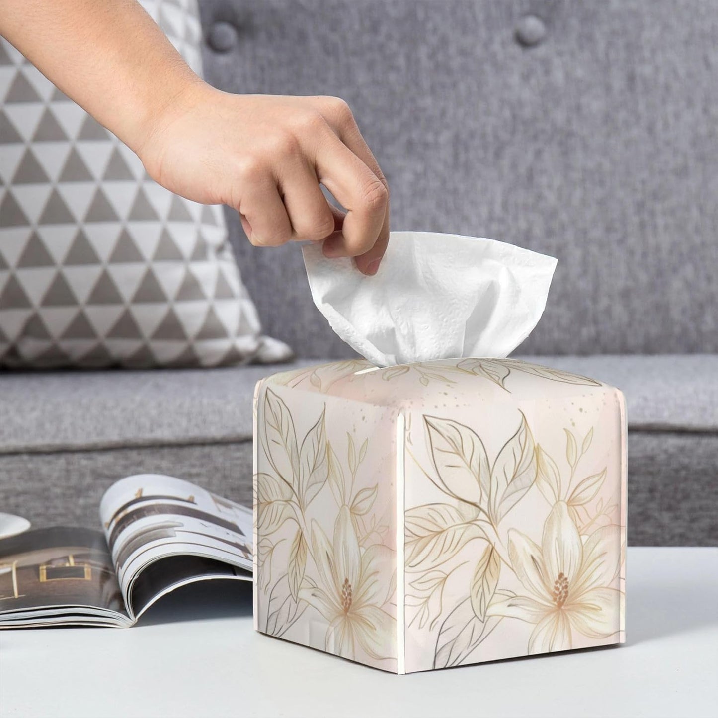 Tissue Box Cover,Pink Golden Boho Minimalist Flowers Pu Leather Square Tissue Box Cover Case Decorative Organizer for Bathroom Vanity Countertop Night Stands Office Desk & Car 5.2X5.2X5.2''