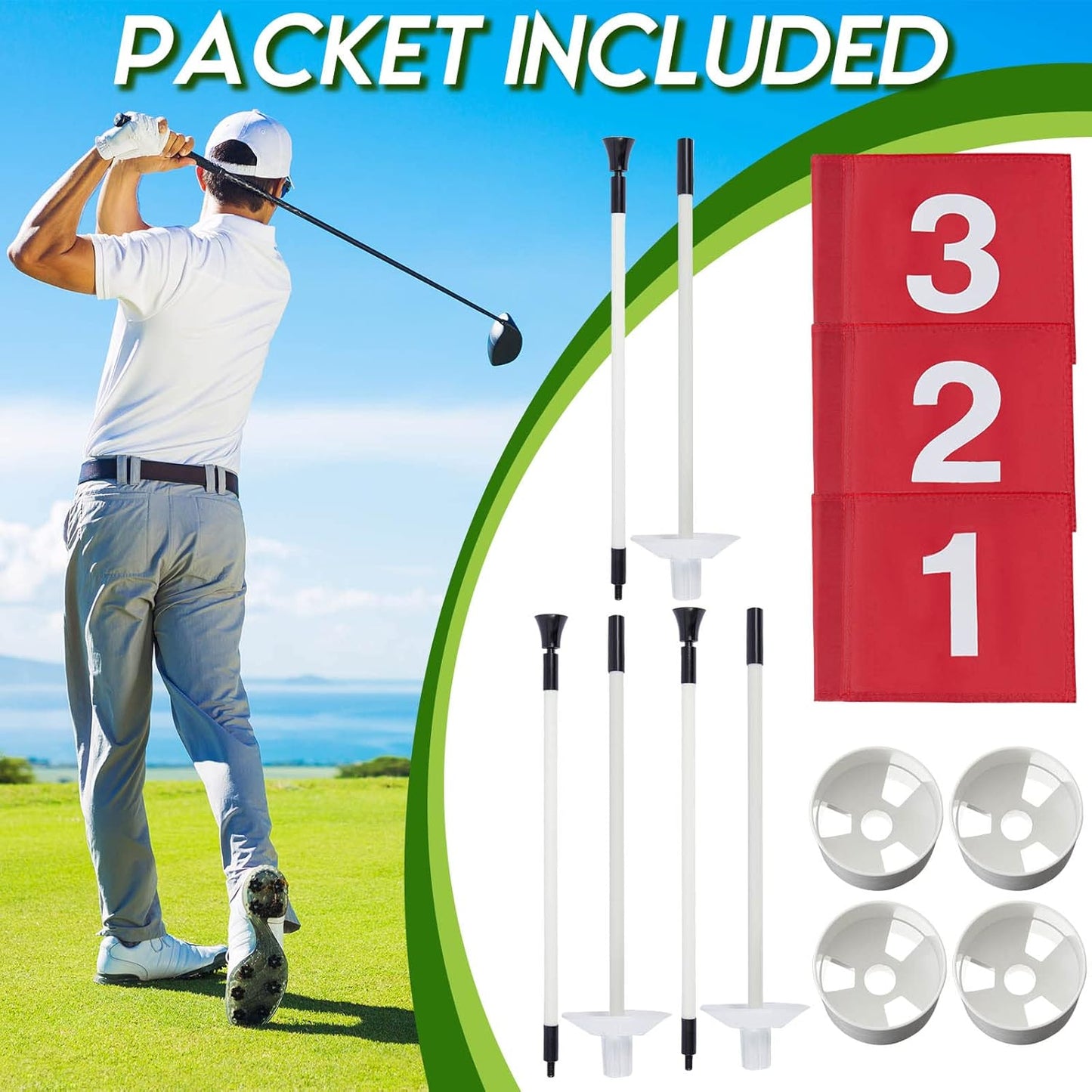 Lewtemi 3 Pcs Golf Flagstick Mini, Putting Green Flag for Yard, All 3 Feet, Detachable Golf Hole Cup, Portable 2 Section Fiberglass Sticks and Flag for Driving Range Backyard Gifts Idea