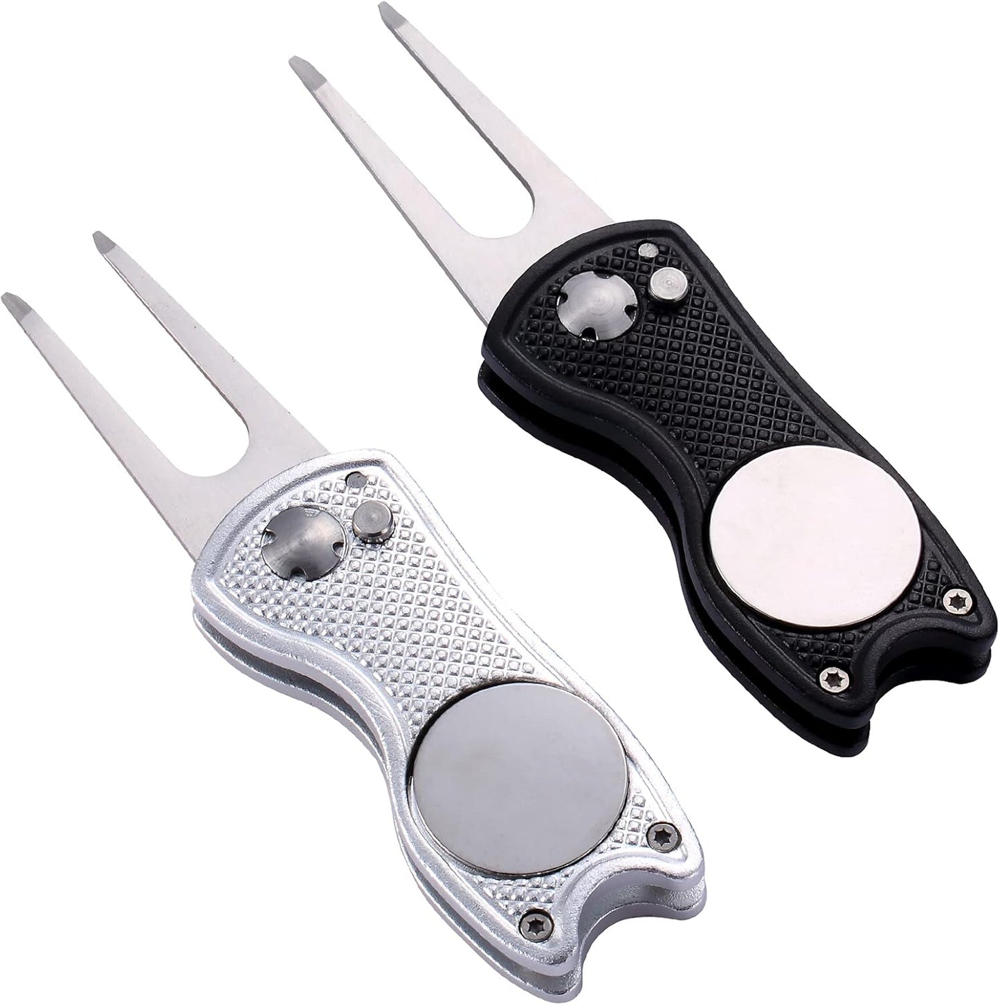 2 Pack Metal Foldable Golf Divot Tool with Pop-up Button & Magnetic Ball Marker (Pack of 2, Fish Design)