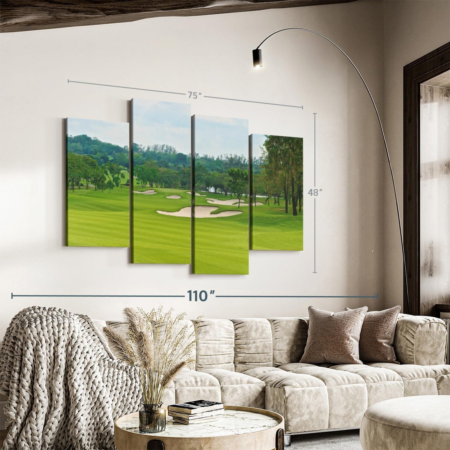 Elephant Stock Beautiful Golf Course Wall Art - Horizontal Canvas - 4-Piece Living Room Wall Decor - Tree Photography Canvas Print - Green and Blue Decor for Wall - 75" X 48"