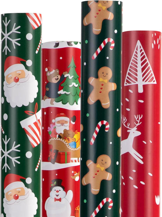 Christmas Wrapping Paper for Gifts (4 Rolls: 93 sq. ft. ttl) Funny Candy Cane Santas, Reindeer, Christmas Tree, Snowflakes - 17 inches x 16.5 feet Per Roll