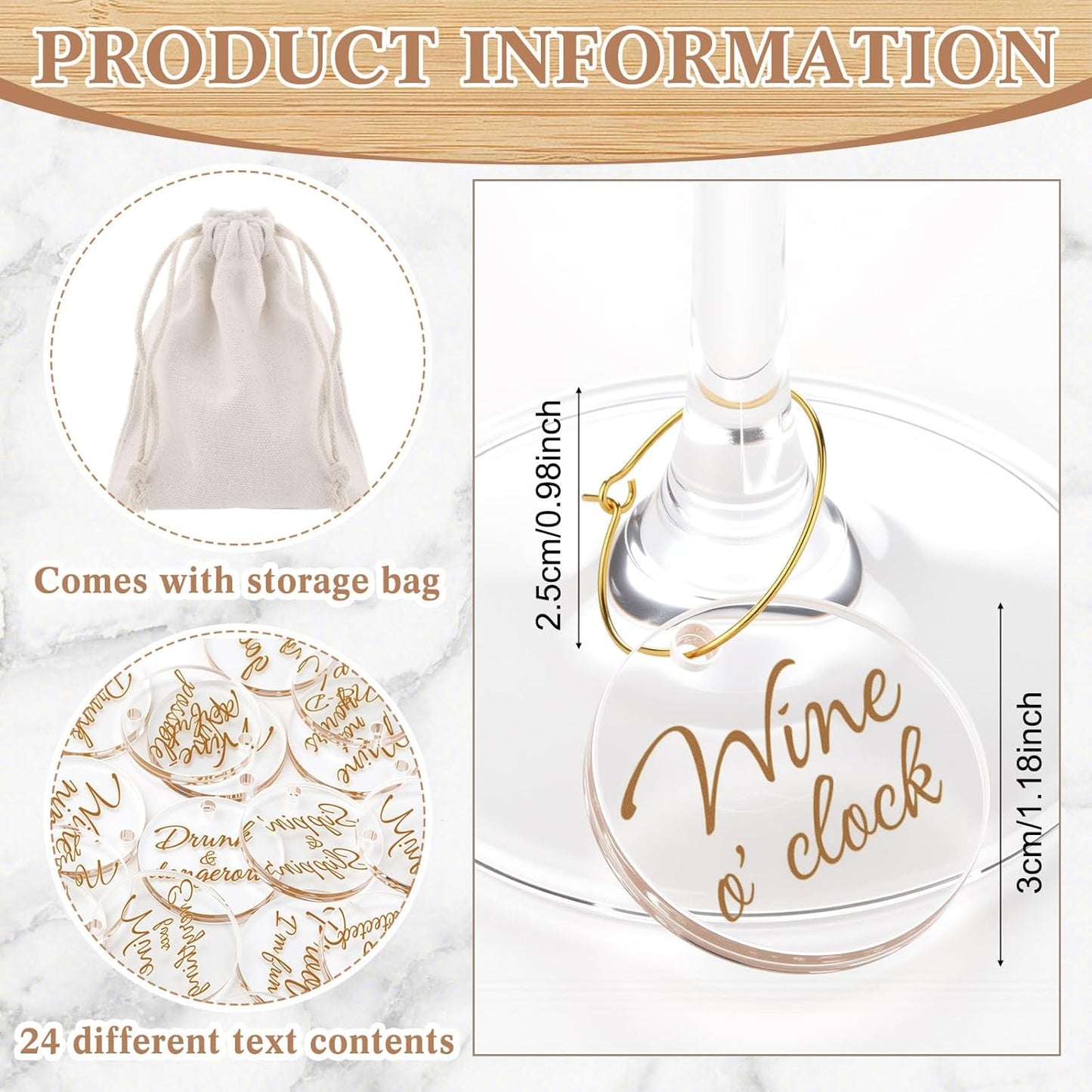 Weysat 24 Pcs Acrylic Thanksgiving Wine Glass Charms with Funny Quotes & Gold Text, Reusable Drink Identifiers Tags with Storage Bag for Birthday Parties Weddings Supplies