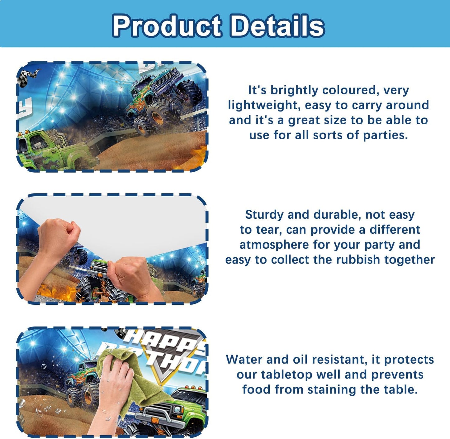 3 Pcs Monster Truck Birthday Party Tablecloths Plastic Disposable 108 x 54 Inches for Truck Theme Kid's Boys Birthday Shower Party Supplies