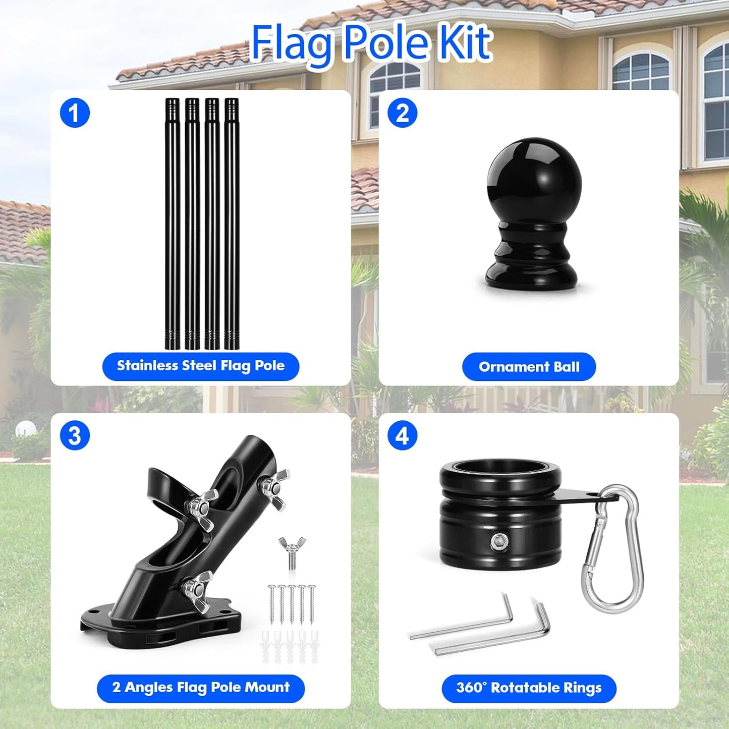 Anovo Flag Pole Kit- Stainless Steel 5 FT Flag Poles with1 Inch Metal 360° Rotating Flag Pole Rings Clip, Two-Position Flag Pole Holder Brackets Mounting for Outside House Outdoor Porch (5 FT - Black)