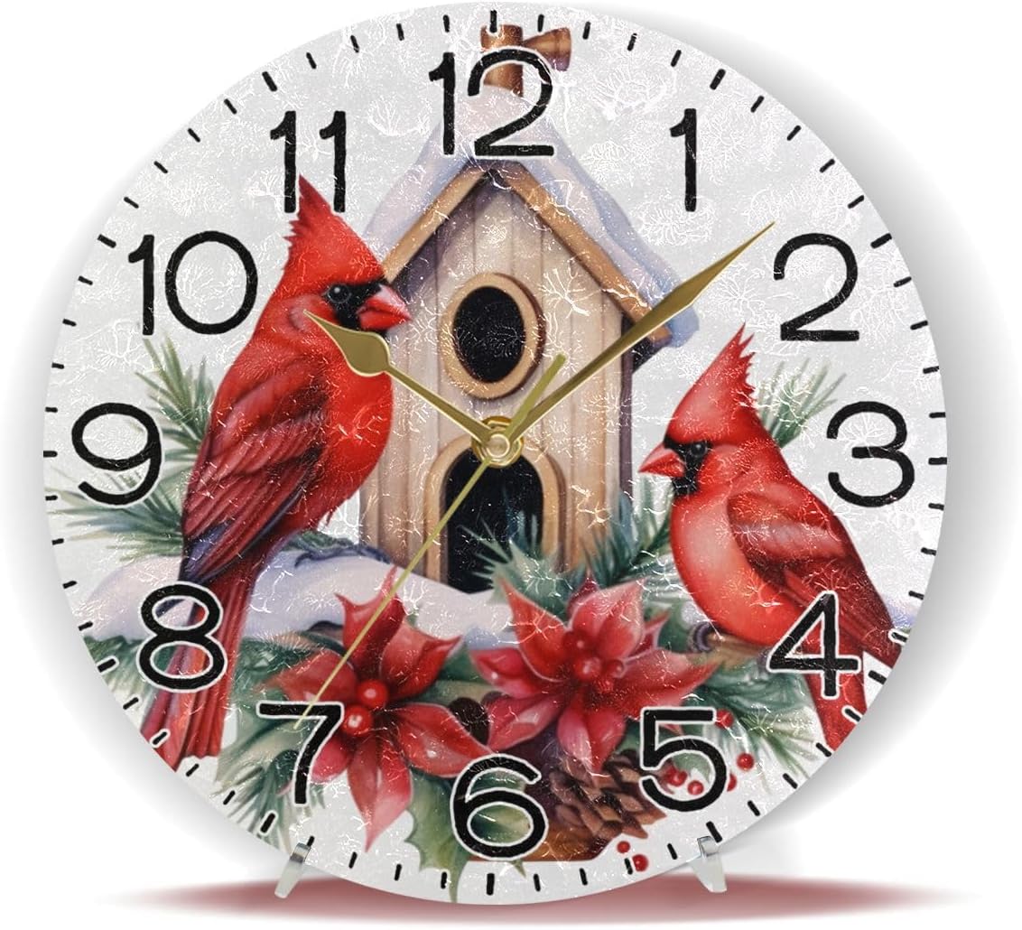 ALAZA Birds Christmas Poinsettia Flowers Birdhouse Wall Clock Battery Operated Non Ticking Silent Quartz Analog Rustic Farmhouse Round Clock Retro Decor for Home Kitchen Living Room Bathroom