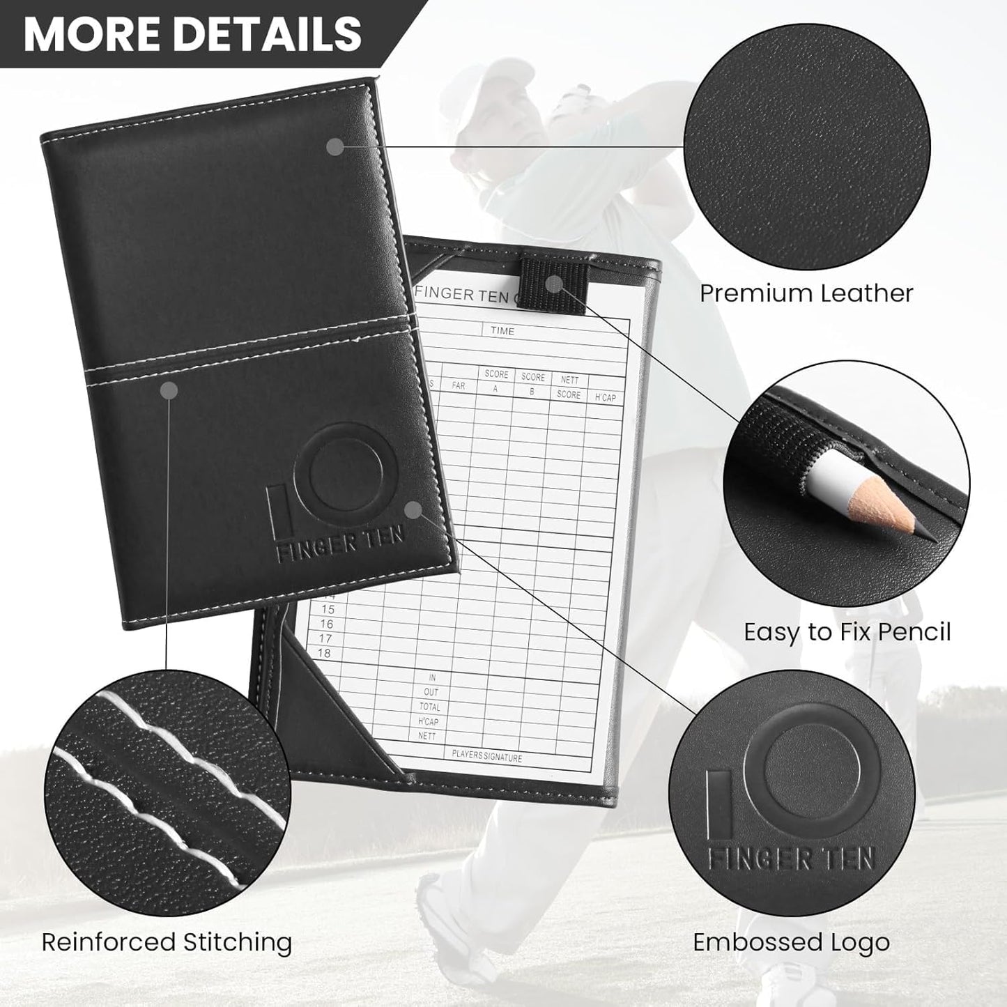 FINGER TEN Golf Scorecard Holder Leather Yardage Books Cover Lucky Clover with 2 Free Pencil Value Pack Deluxe Pocket Score Card Covers Gift for Men Women Golfer