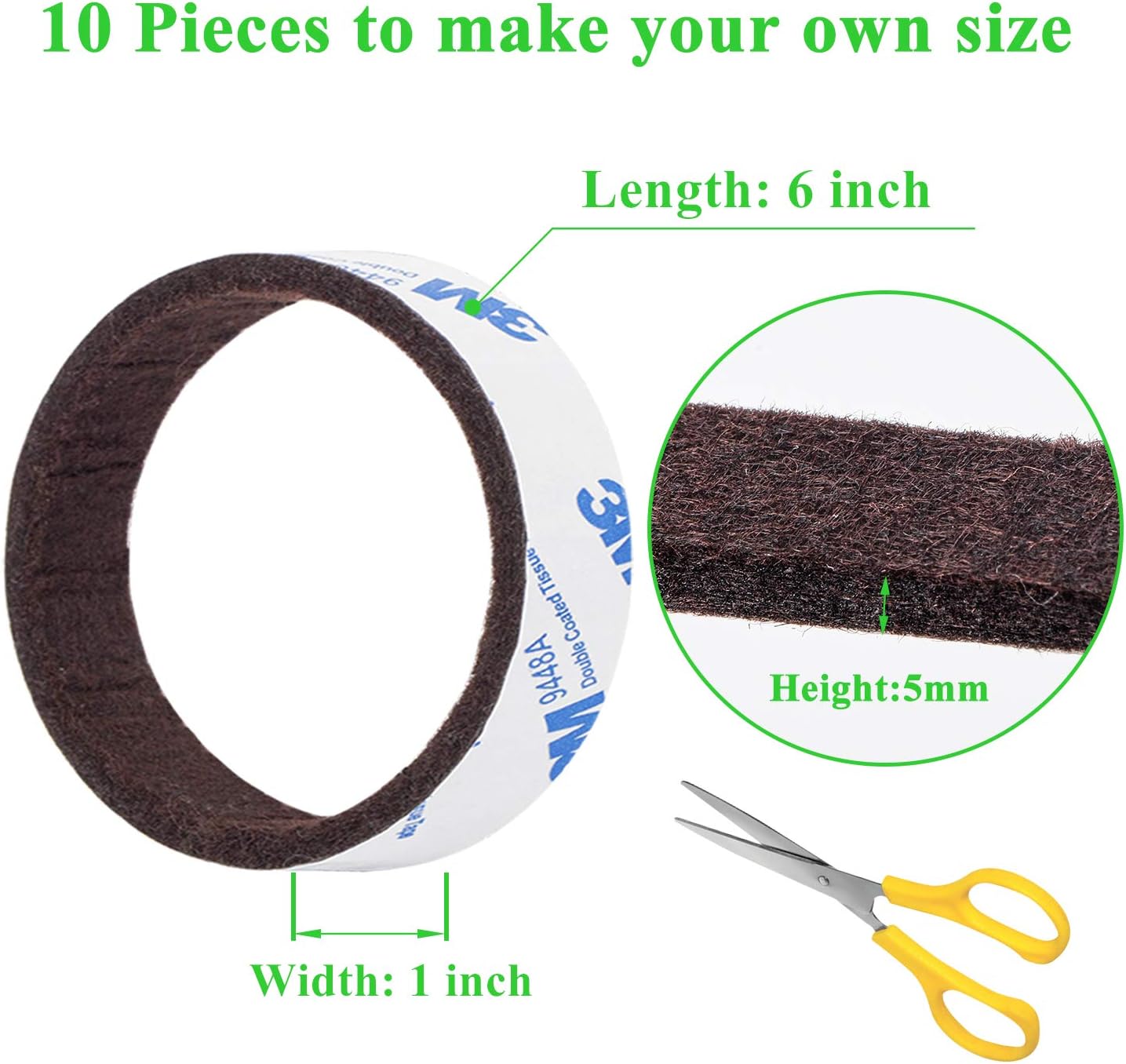 Felt Strips 10Pieces Pack 1x 6 Inches Self Adhesive Brown Furniture Felt Strips Anti Scratch Heavy Duty 5mm Thick Floor Protector for Rocking Chair for Hardwood Floor