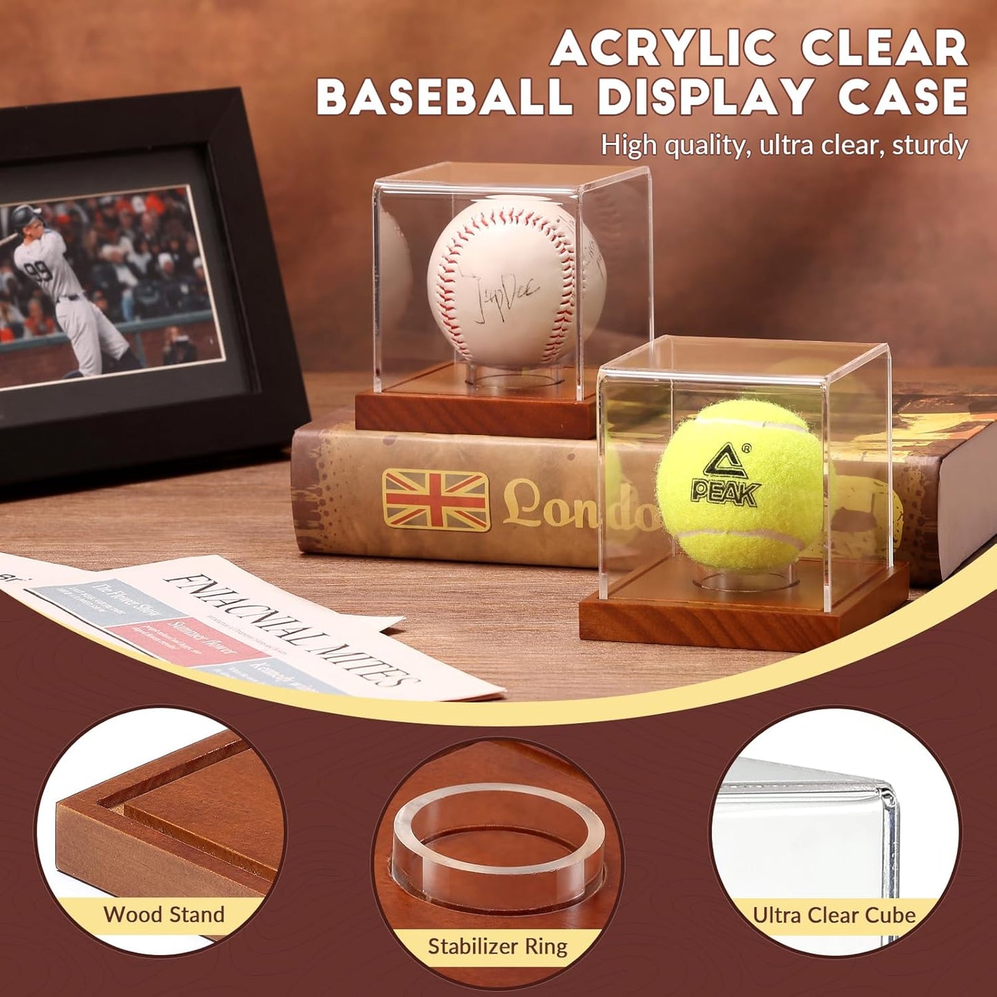 JupDec Baseball Display Case 4 Pack, Clear Cube Baseball Holder with Wooden Base, Autograph Baseball Stand Box for Single Ball, Brown