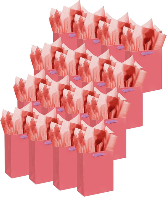 Gcardist Salmon Gift Bags with Tissue Paper for Wedding, Birthday, Party Supplies-7.9"x4.3"x9.6" Medium Size Cardboard Gift （16pcs Bags +32pcs Tissue Paper ）