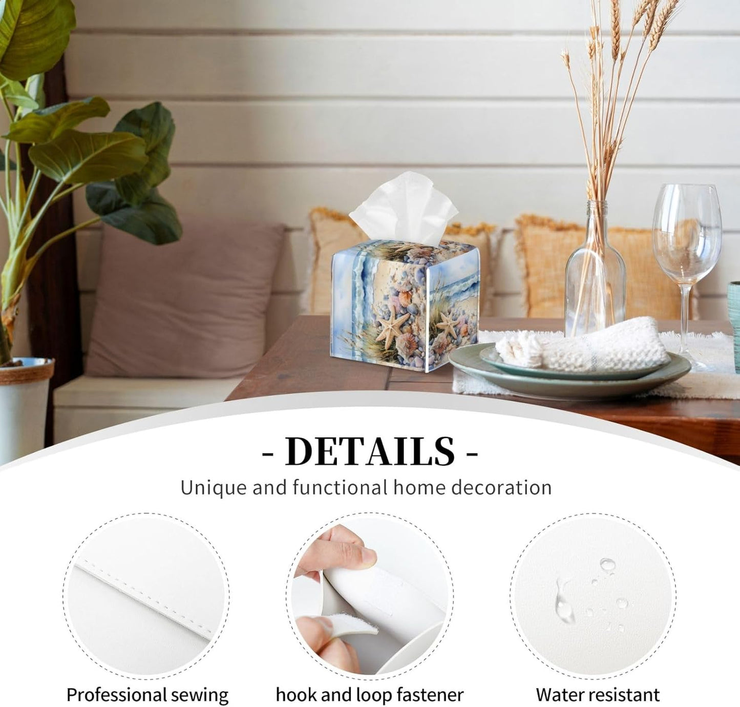 Tissue Box Cover Watercolor Beach Starfish Seashell Square PU Leather Tissue Box Holder for Car Bathroom Bedroom Desk Tabletop Decor