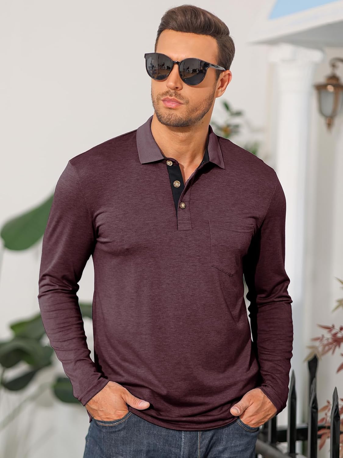 Mens Long Sleeve Polo Shirts Casual Moisture Wicking Golf Polo Shirts with Pocket