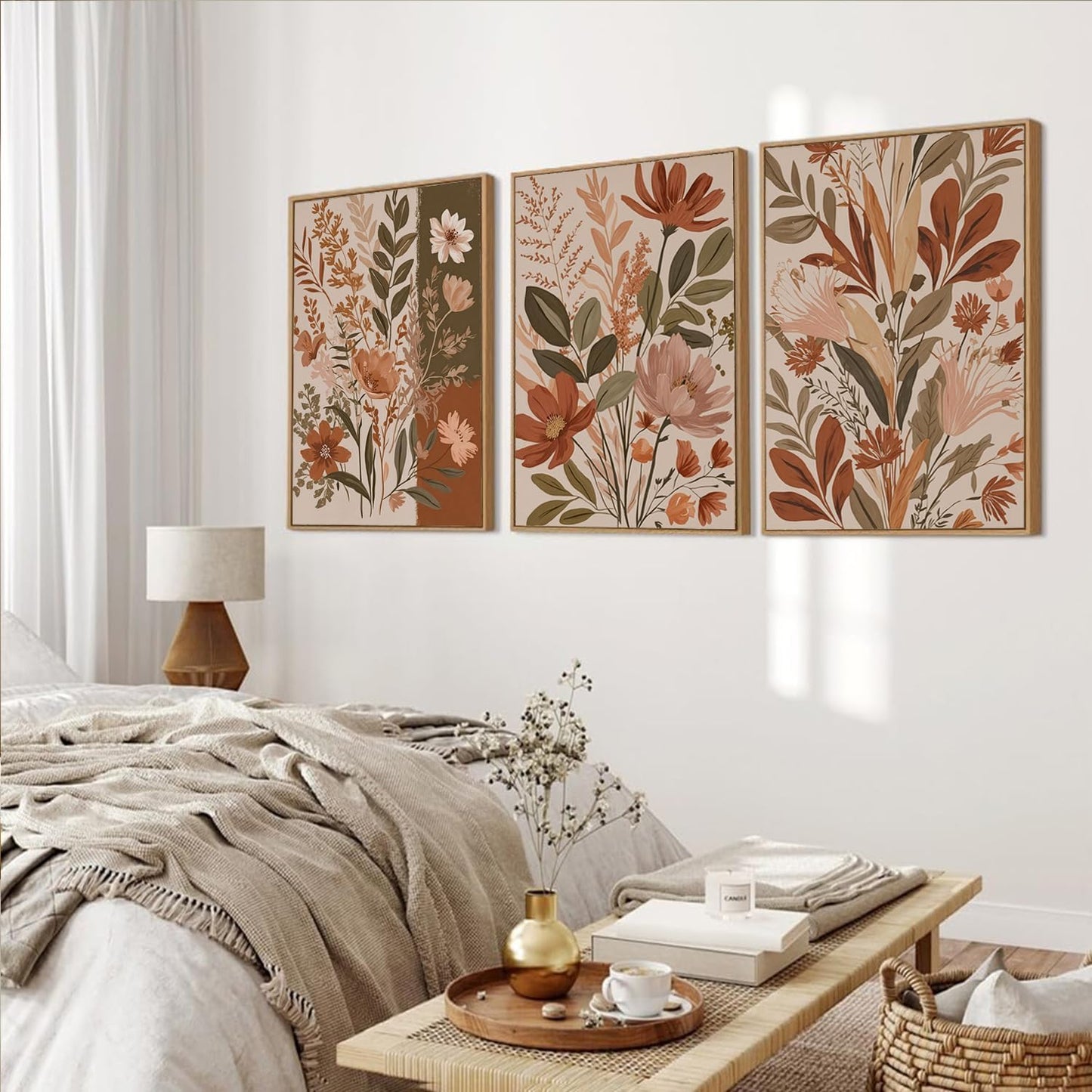 MTFBWY Framed Boho Botanical Wall Art Set of 3 – Earth Tone Floral Canvas Prints, Neutral Beige Abstract Flower Pictures for Home Living Room Bedroom Wall Decor, 24L x 16W