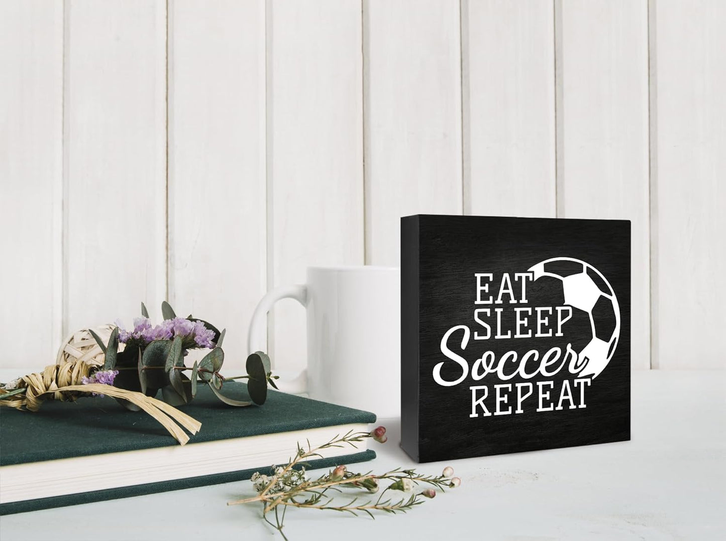 Soccer Decor Sign - Eat Sleep Soccer Repeat, Wooden Box Table Sign for Boys Room, Bedroom Decor, Birthday Party Decorations 5 x 5 Inch