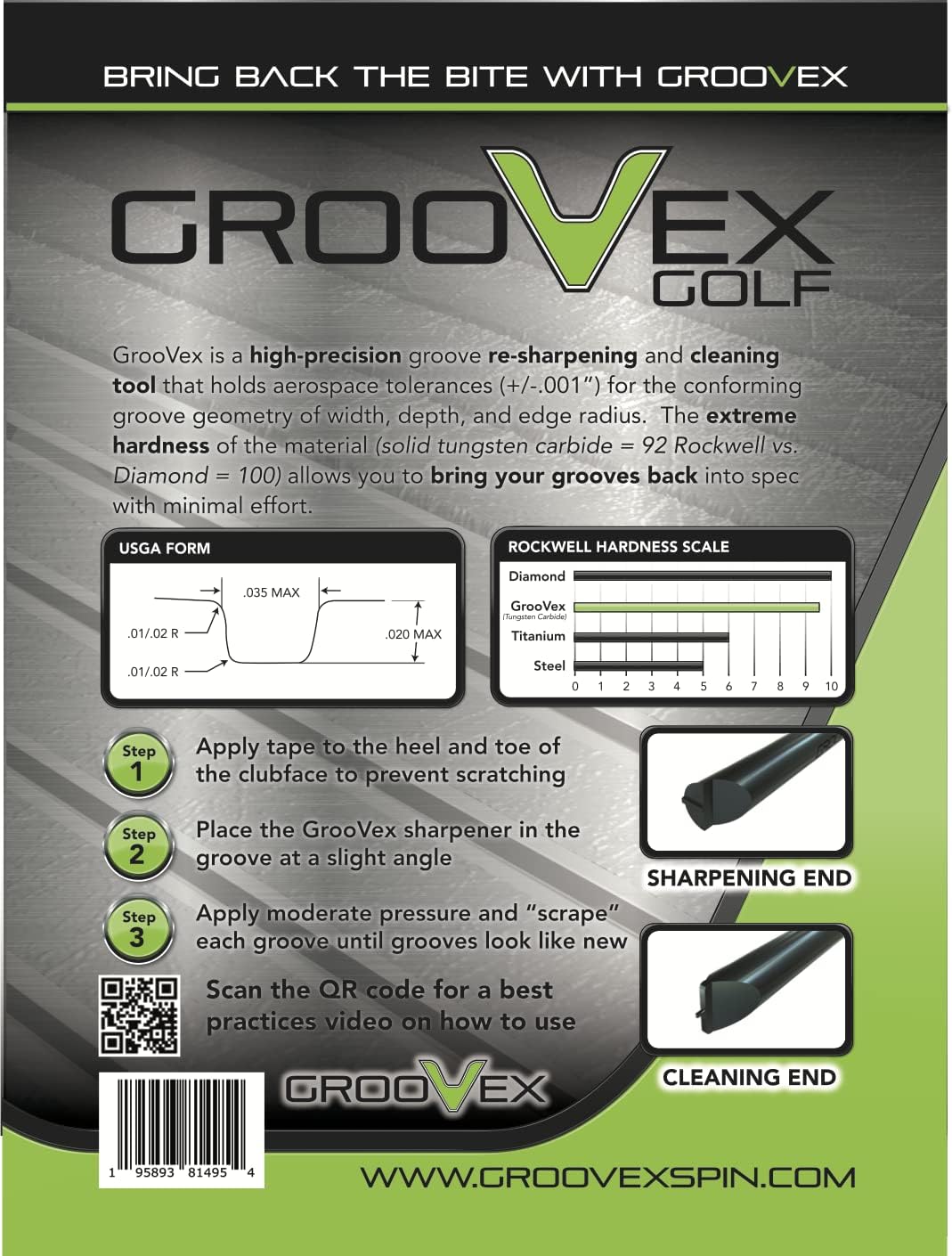 GrooVex Golf High Precision Carbide Groove Sharpener, Maximum conforming Groove Geometry (.035" W .020" D .010" Edge Radius)