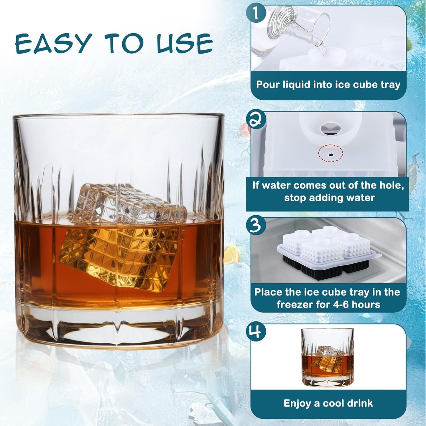 Hoolerry 2 Pcs Silicone Ice Cube Tray Large Square Sphere Golf Ice Tray 4 Hole Fun Shapes Big Ices Cube Mold with Funnel for Whiskey Cocktails Bourbon Chilling White Elephant Gifting(Square)