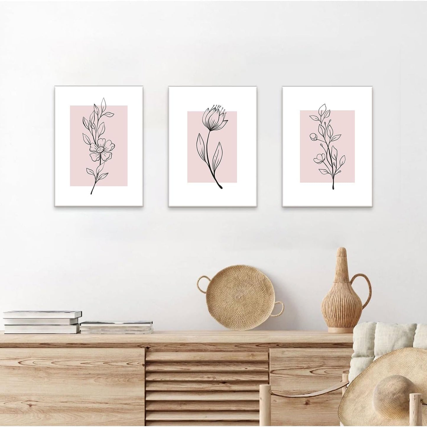 MTFBWY Floral Wall Art Line Flower Canvas Print Pink Botanical Pictures Poster Home Wall Decor Framed Minimalist Painting Artwork Set of 3 for Bedroom,Living Room Bathroom 12"x16"