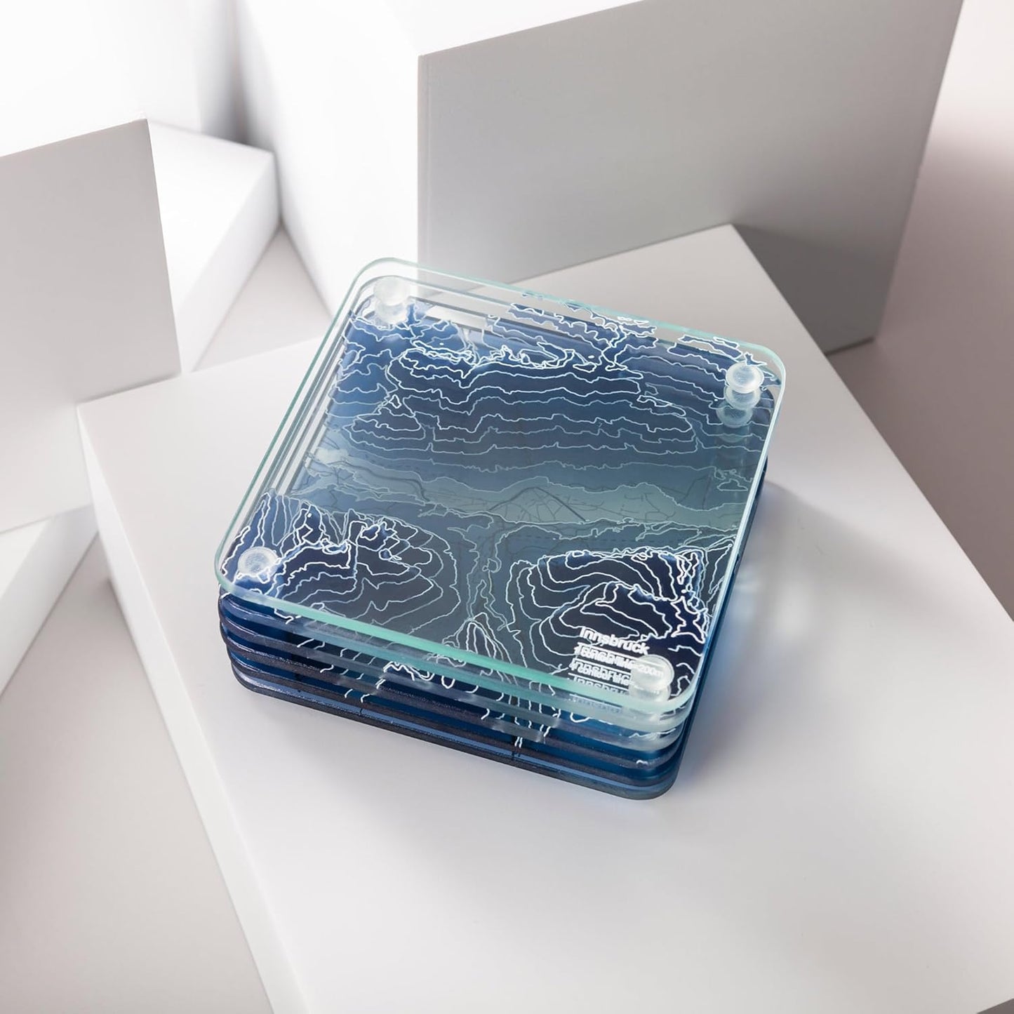 Innsbruck, Austria 3D Contour Map Glass Drink Coasters of Mountains, Ski Resort, Set of 6 with Holder, Housewarming Birthday Gifts, Home Decor