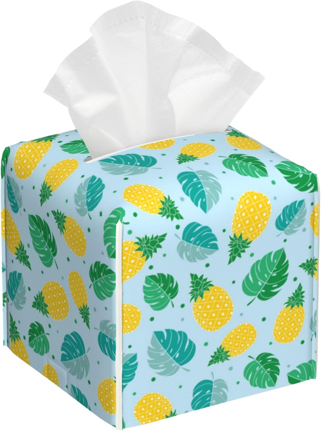 Pineapple and Tropical Leaves Tissue Box Cover Leather Tissue Box Holder Square Facial Paper Organizer Dispenser for Bathroom Kitchen Bedroom Vanity Countertop Night Stands