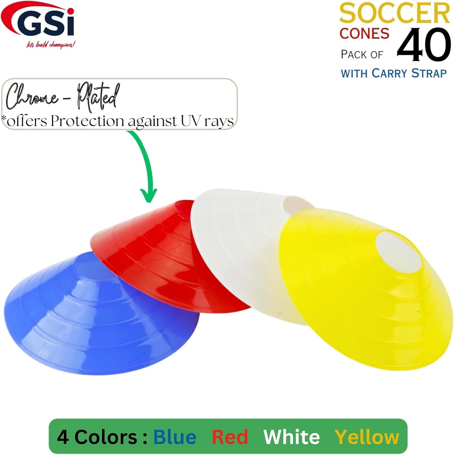 GSi Sports Cones | 40 Pack Training Cones with Strap for Agility Drills, Soccer, and Sports Practice and Shapes