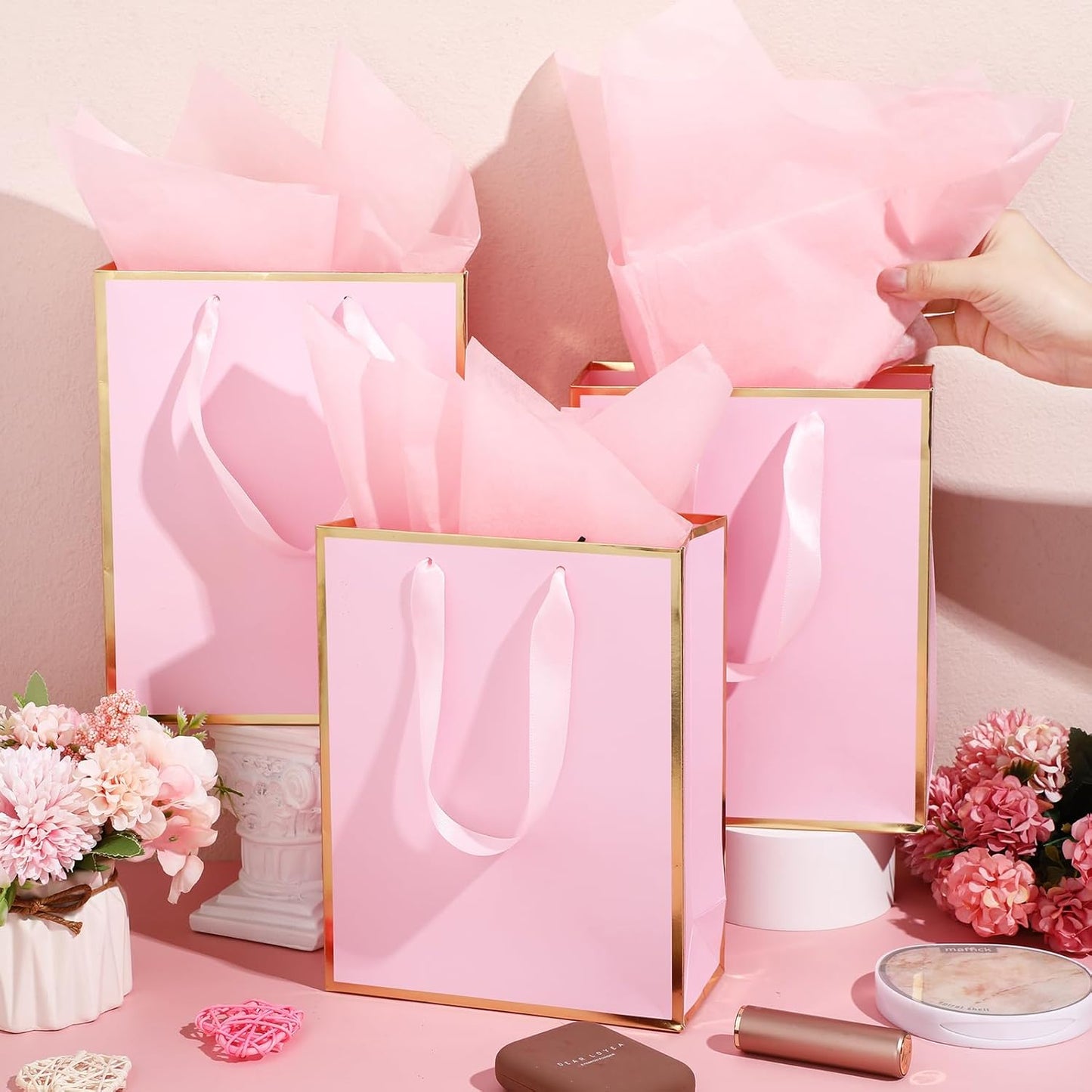 Yeaqee 24 Pack Metallic Paper Gift Bags with Handle and Tissue 9x7x3.1 Gold Foil Welcome Favor Bags Return Gifts for Wedding Fall 5 Senses Christmas Bridesmaid Birthday(Pink Gold)