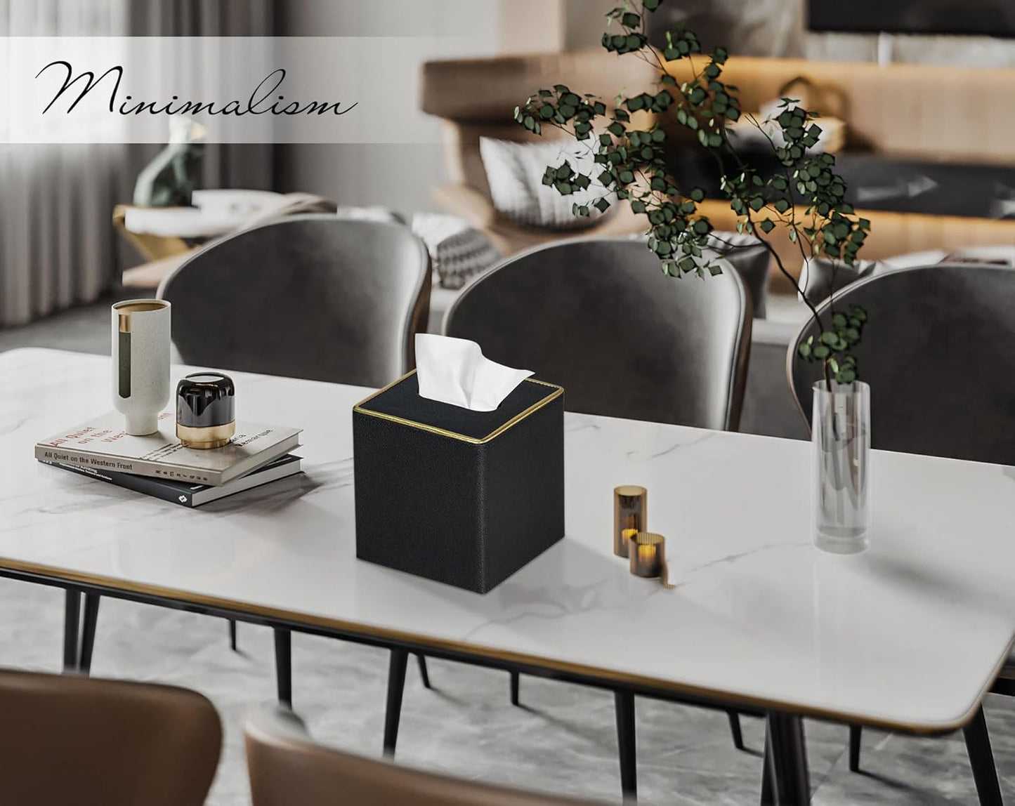 Tissue Box Cover Square PU Leather Facial Tissue Box Holder for Dresser Bathroom Decor (Black Pearl)