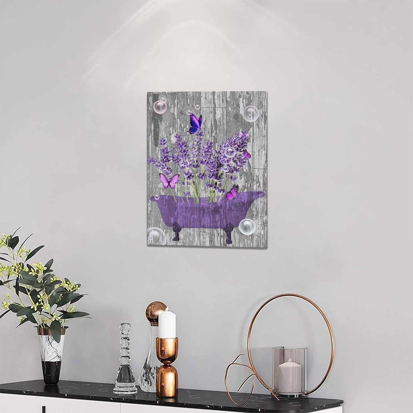 Lavender Bathroom Decor Wall Art Purple Farmhouse Bathroom Pictures for Wall Rustic Butterfly Bathtub Artwork Vintage Country Bathroom Grey White Painting Framed Bath Laundry Decorations 20"x24"