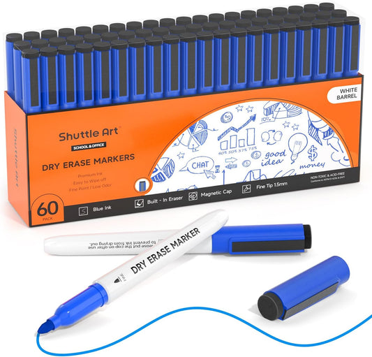 Shuttle Art Blue Dry Erase Markers, 60 Pack Magnetic Whiteboard Markers with Erase,Fine Point Dry Erase Markers Perfect For Writing on Whiteboards, Dry-Erase Boards,Mirrors for School Office Home