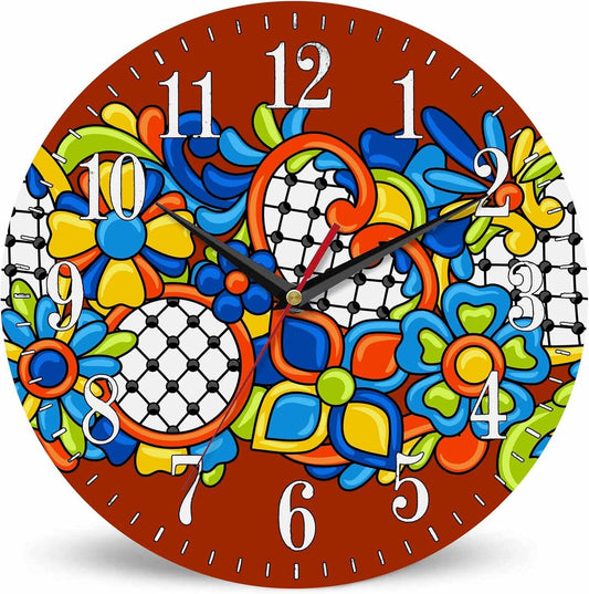 Mxocom Mexican Pattern Wall Clock Abstract Ornamental Flowers Ethnic Print 10 Inch Silent Non Ticking Battery Operated Clock Vintage Round Clock for Living Room Bedroom Bathroom Office Decor