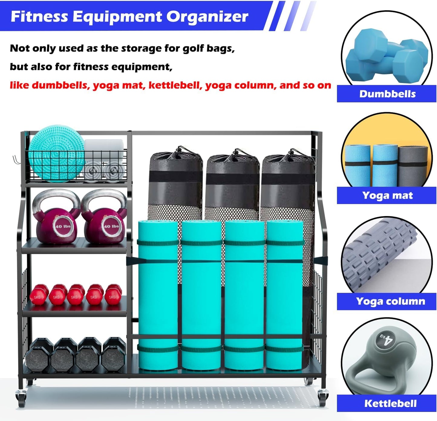 Golf Storage Rack Golf Bag Organizer for Garage, Golf Club Holder Extra Large Golf Bag Stand for 2 Golf Bags、Golf Equipment Accessories