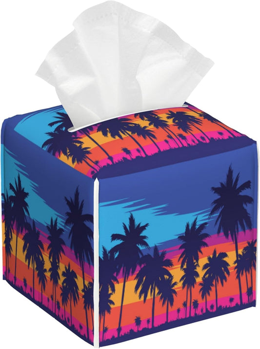 Leather Tissue Box Holder Palm Trees at Sunset Tissue Box Cover Square Waterproof Tissue Holder Organizer Modern Napkin Holder for Bedroom Dresser Night Stand Office Desk