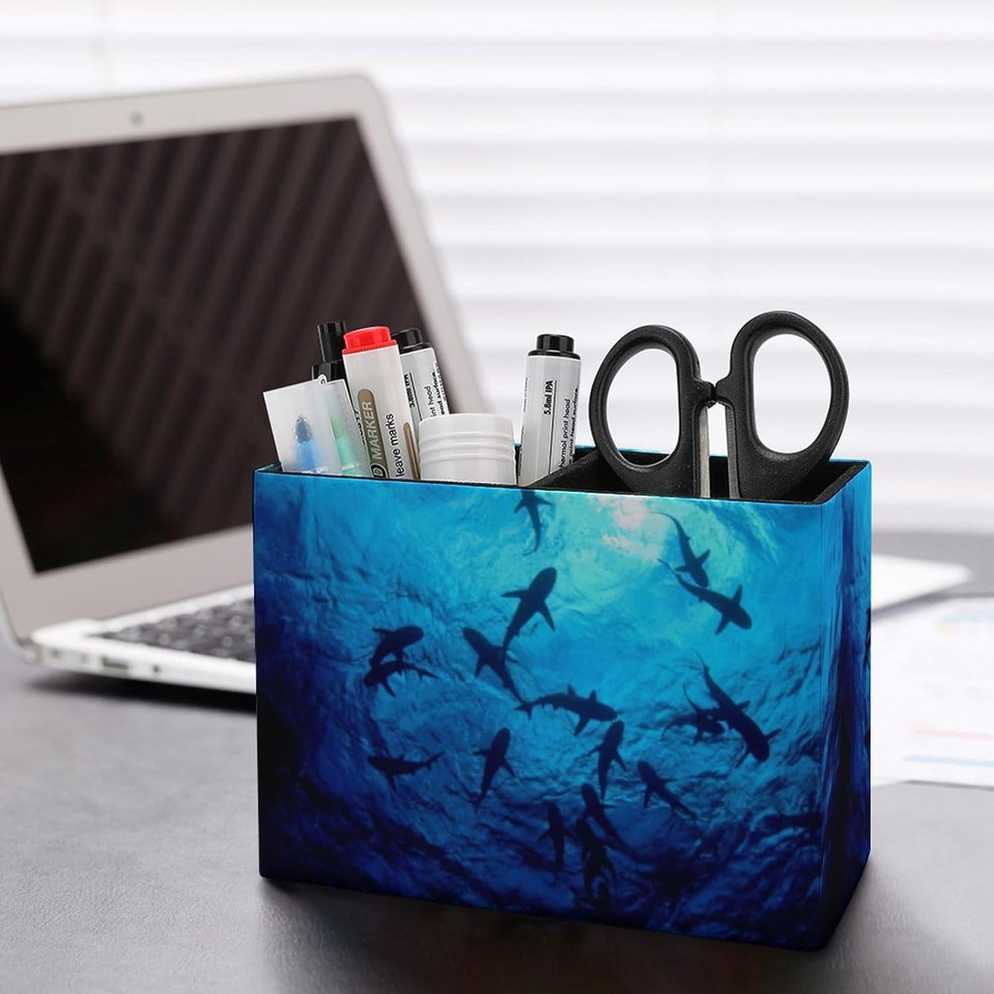 Pen Holder, Pencil Holder for Desk Organizer, Sea Ocean Animal Sharks PU Leather Pencil Cups Desktop Stationery Storage Makeup Brush Holder Pen Organizer for Office Home