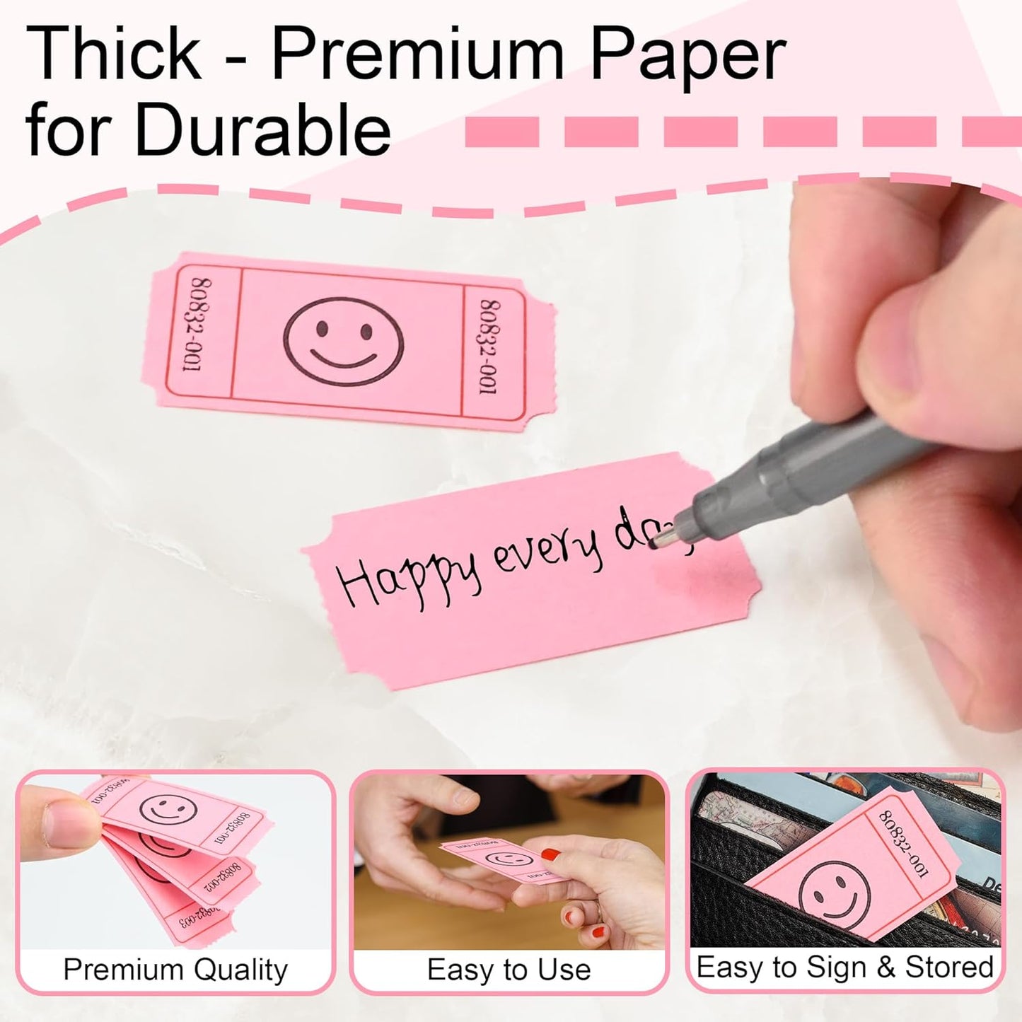 L LIKED 500 Raffle Tickets, Smile, Pink (6 Color Selection), Raffle Ticket Single Roll,Ticket for Events,Carnivals, Entry, Class Reward, Prizes