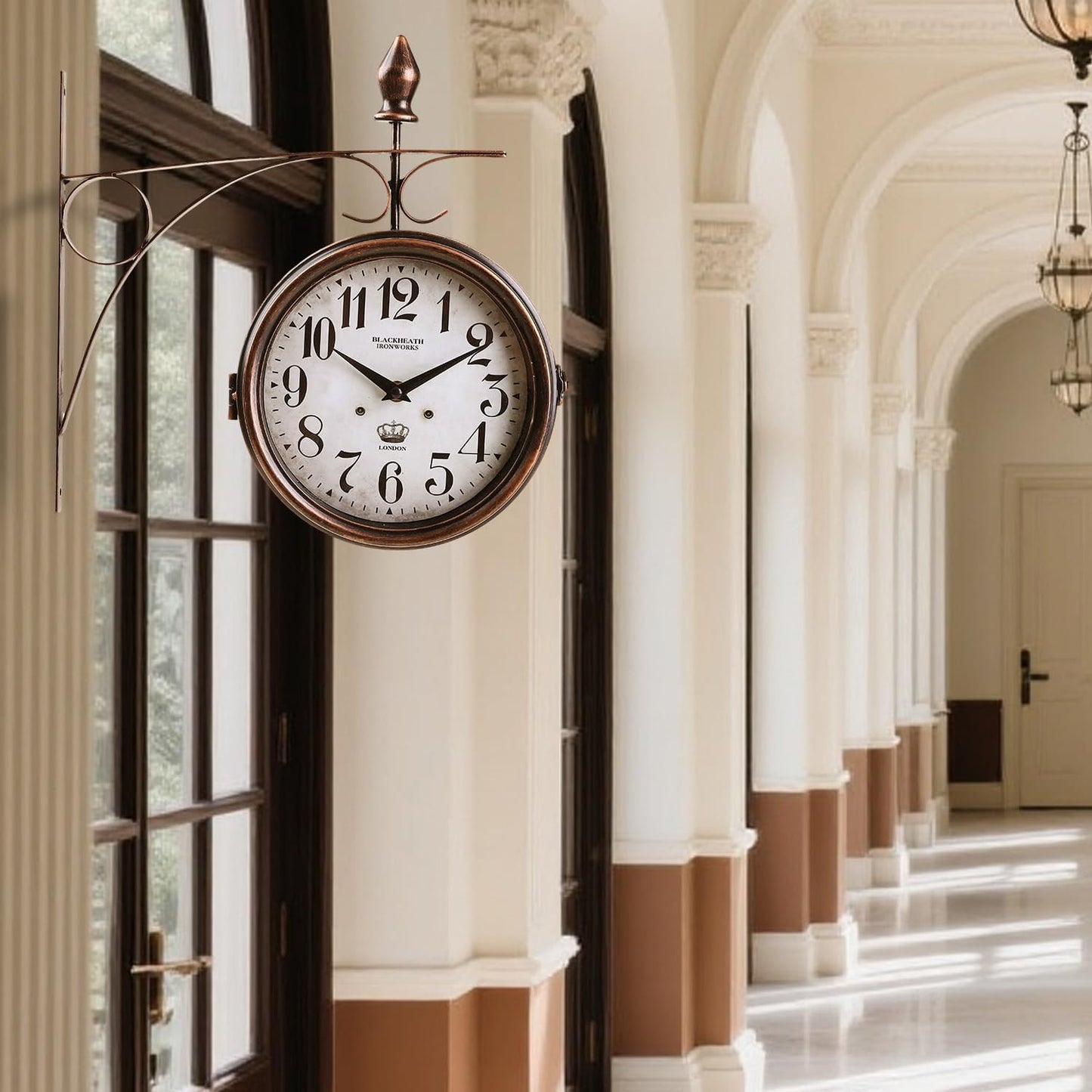 Metal Double Sided Hanging Clock with Retro Brown Sturdy Frame,Glass Lens,Silent Quartz Movement, Indoor/Outdoor Double-Sided Decorative Wall Clock for Home Decor Farmhouse Station Office Garden