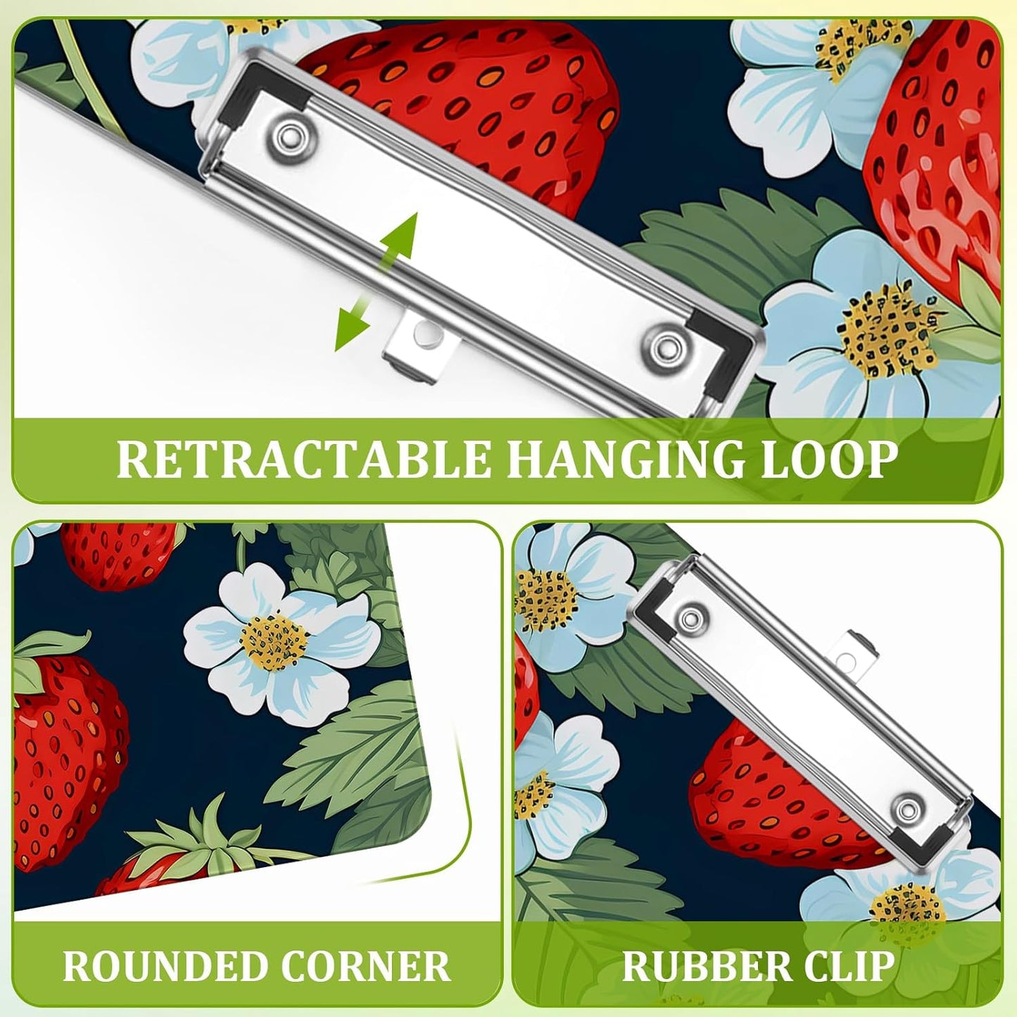 Strawberry Clipboard,Decorative Floral Acrylic Clipboard with Low Profile Metal Clip for Office,School,Teachers,Students Standard Letter Size 9x12.5