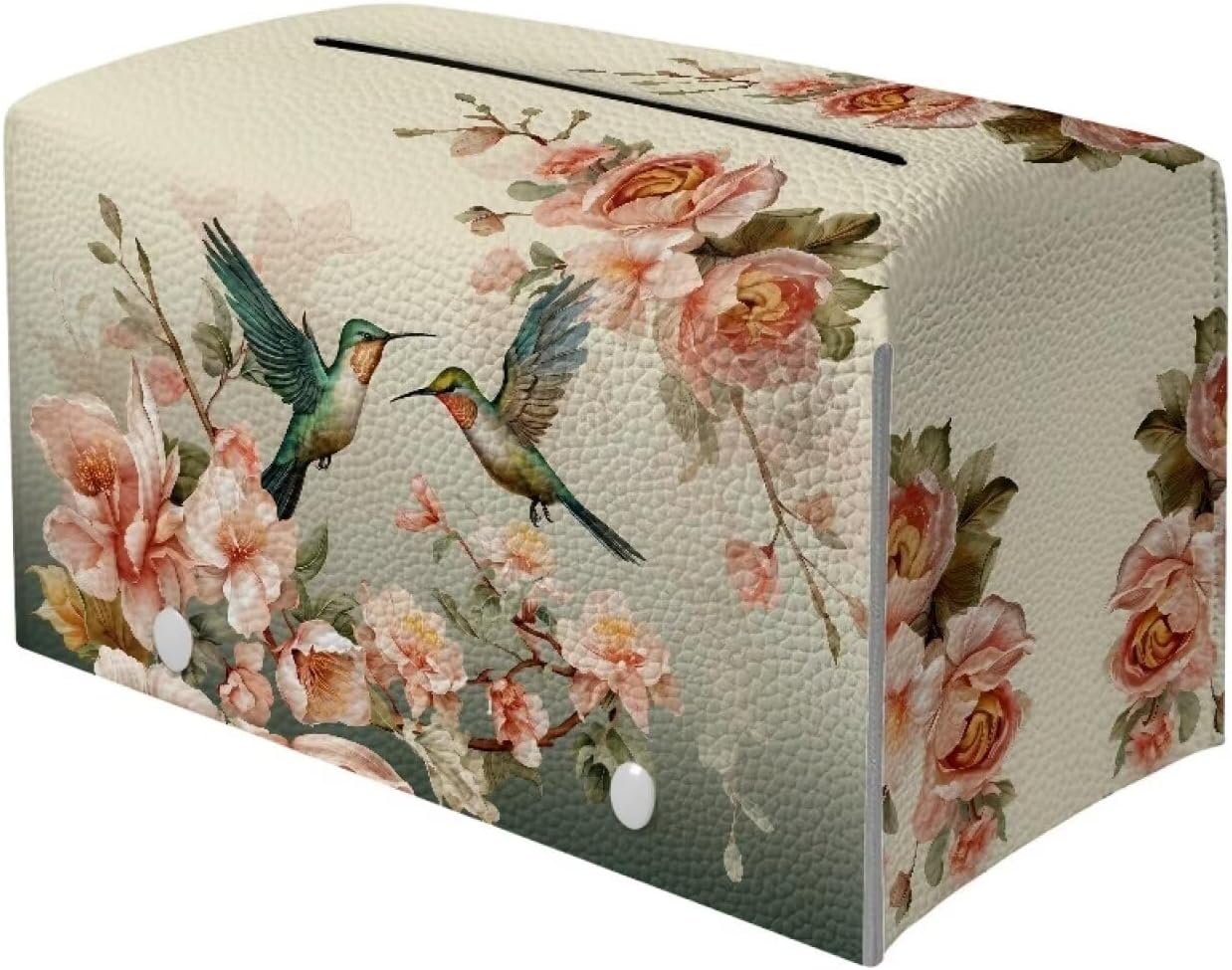 Rectangular Tissue Box Cover Floral Hummingbird PU Leather Tissue Cover Decorative Organizer with Bottom Belt Vintage Tissue Box Organizer for Home, Tabletop, Night Stands