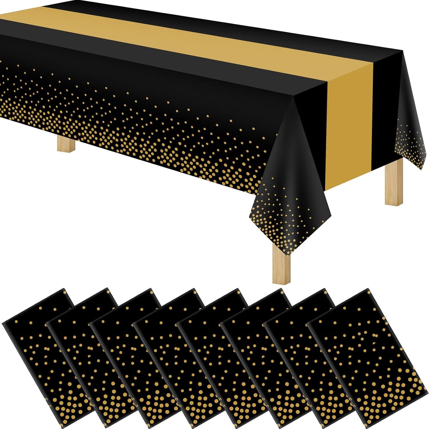 8 Pack 2in1 Disposable Plastic Tablecloths 54" x 108" Back and Gold Dot Party Table Cloth Rectangle Table Cover for Wedding Birthday Baby Shower Anniversary Christmas New Year Party Decorations
