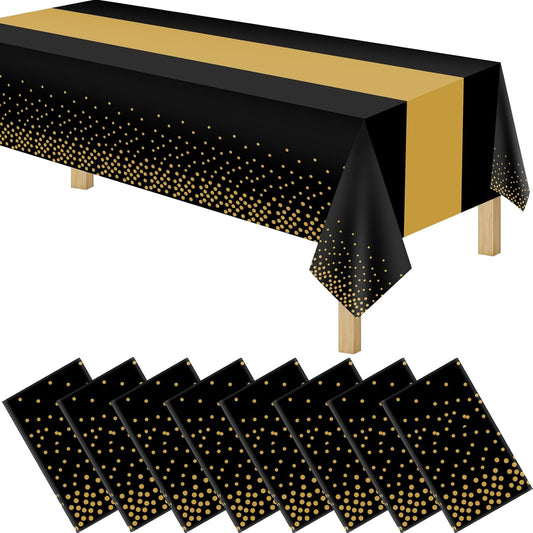 8 Pack 2in1 Disposable Plastic Tablecloths 54" x 108" Back and Gold Dot Party Table Cloth Rectangle Table Cover for Wedding Birthday Baby Shower Anniversary Christmas New Year Party Decorations
