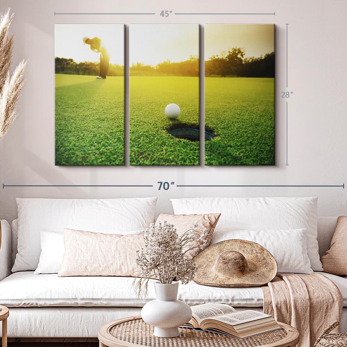 ElephantStock Golf Ball Strike Wall Art - Horizontal Canvas - 3-Piece Living Room Wall Decor - Photography Sports Canvas Print - Green and White Decor for Wall - 45" X 28"
