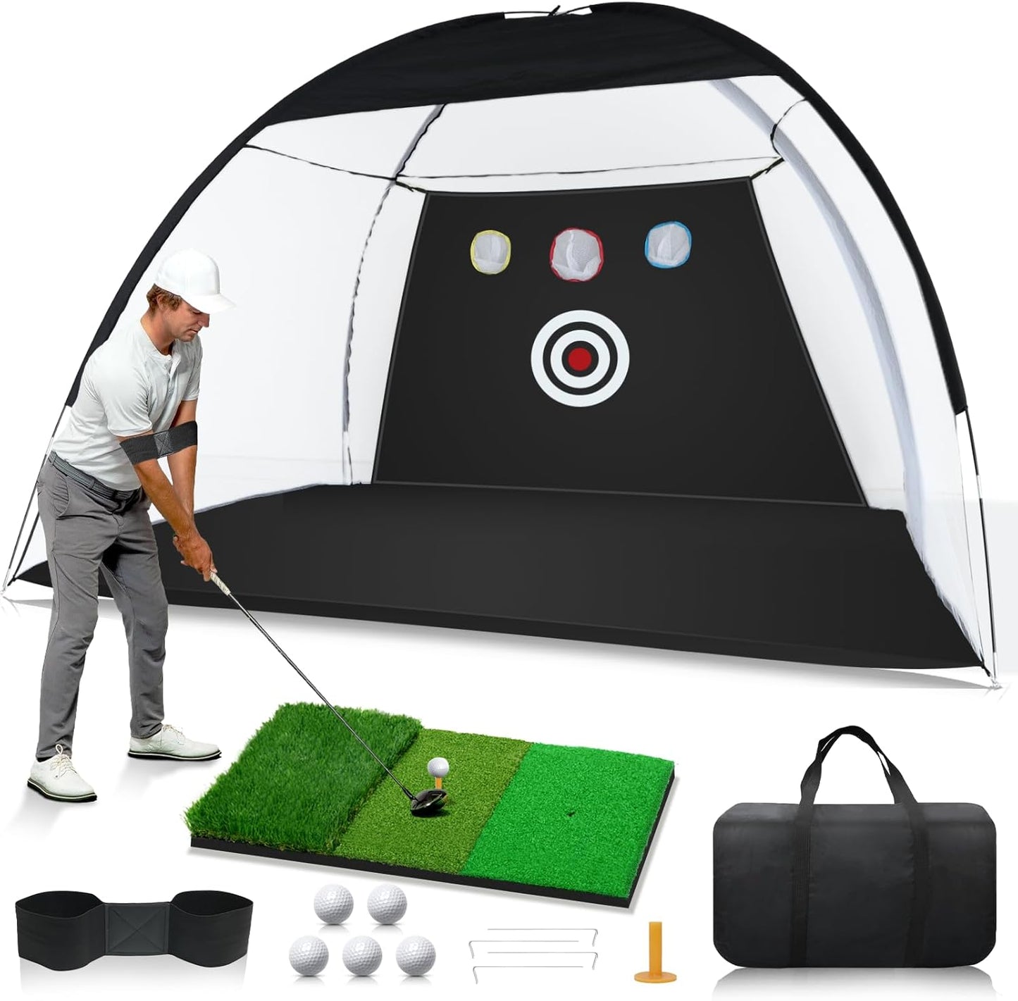 Golf Net: 10 x 7ft Golf Hitting Practice Net for Backyard Driving, Indoor & Outdoor Chipping Training Net with Mat, Targets & Balls, Ideal Gifts for Him Men Dad Husband Grandpa Boys Golfers