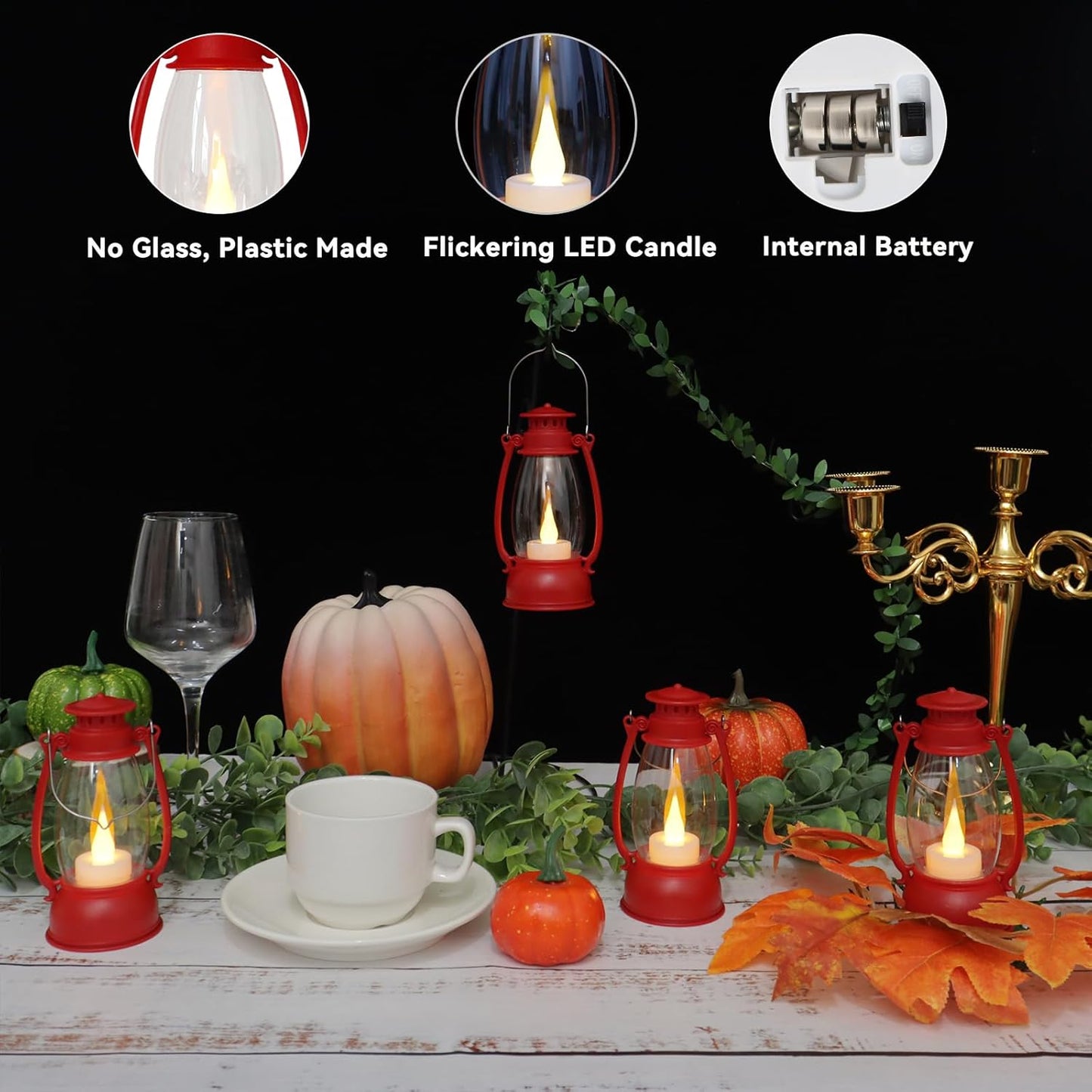 12Pcs Red Mini Lanterns for Centerpiece – Vintage Lantern Decor for Christmas, Halloween, Weddings & Western Party – Hanging Ornaments Bulk with Flicker LED Candle for Cowgirl, Camping Decor