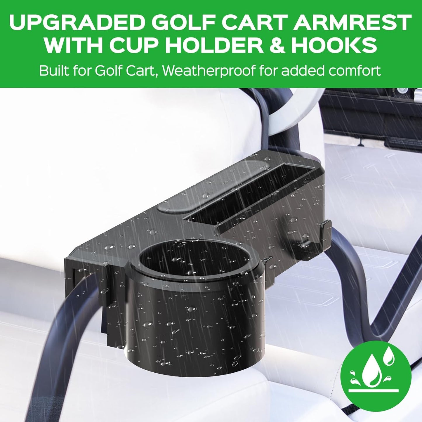 Golf Cart Armrest with Cup Holder - Universal Fit for EZGO/Club Car/Yamaha Rear Seat, Fits 1”/1.25” Square Tube Frames, Durable ABS Construction, Phone Holder, No Drilling
