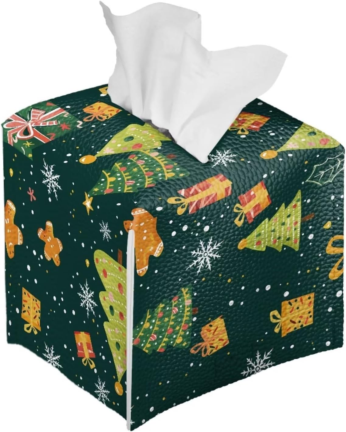 Christmas Tissue Box Cover PU Leather Green Xmas Tree Pattern Tissue Box Holder for Modern Home Office Decorative with Bottom Belt Car Tissue Box Organizer Waterproof Foldable