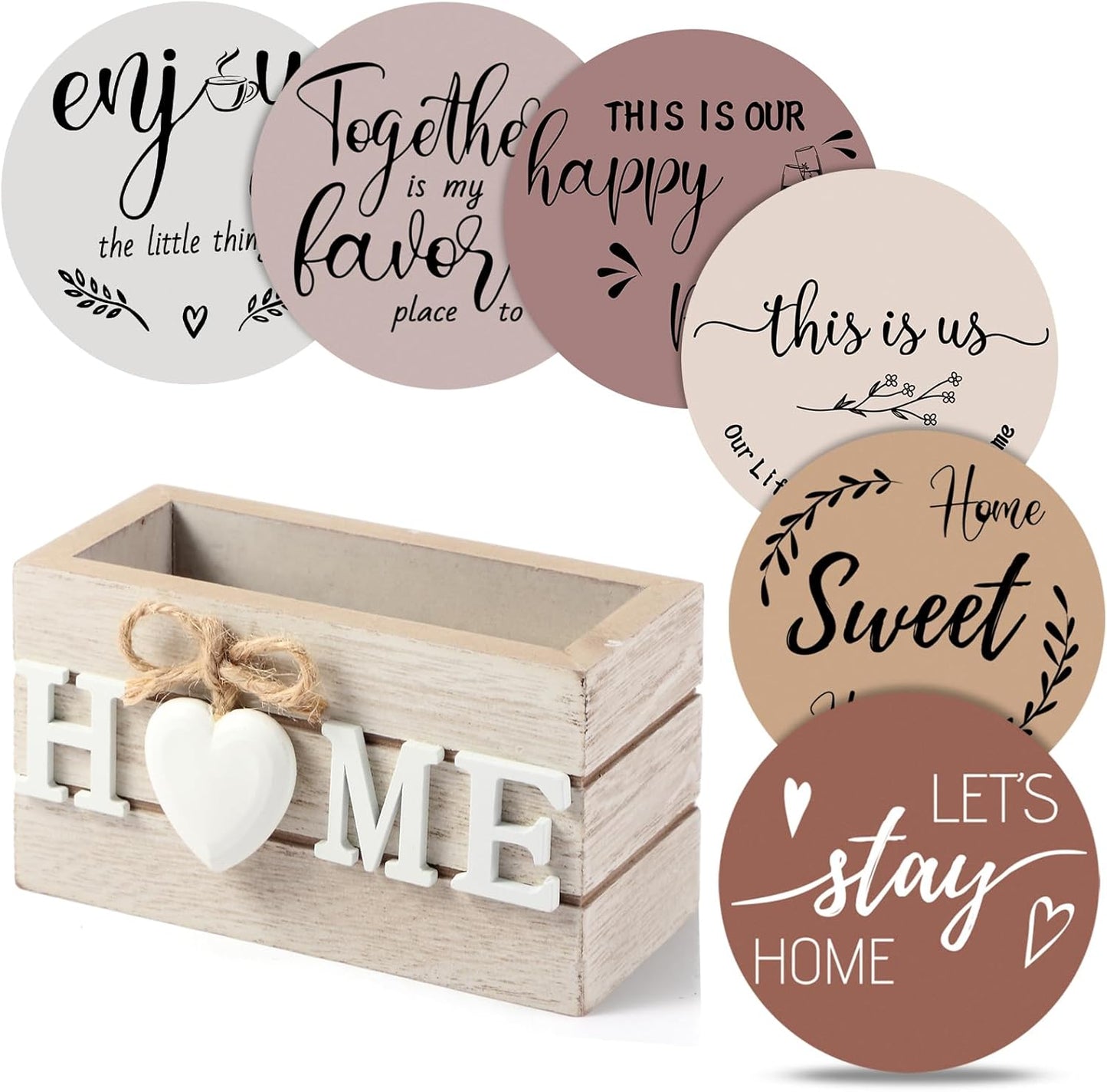 Queekay Housewarming Gifts for Home Decoration Wooden Heart Coasters for Drinks 6 Set Farmhouse Coasters with Holder Funny for Family Coffee Table Protection, 4''(Light Brown)