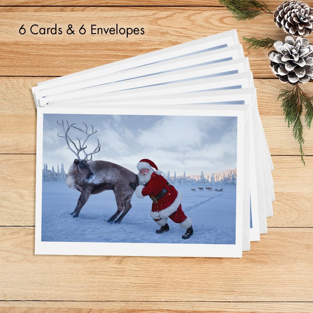 Photographic Christmas Cards, Santa Claus Pushing a Stubborn Reindeer (6 Cards with White Envelopes)
