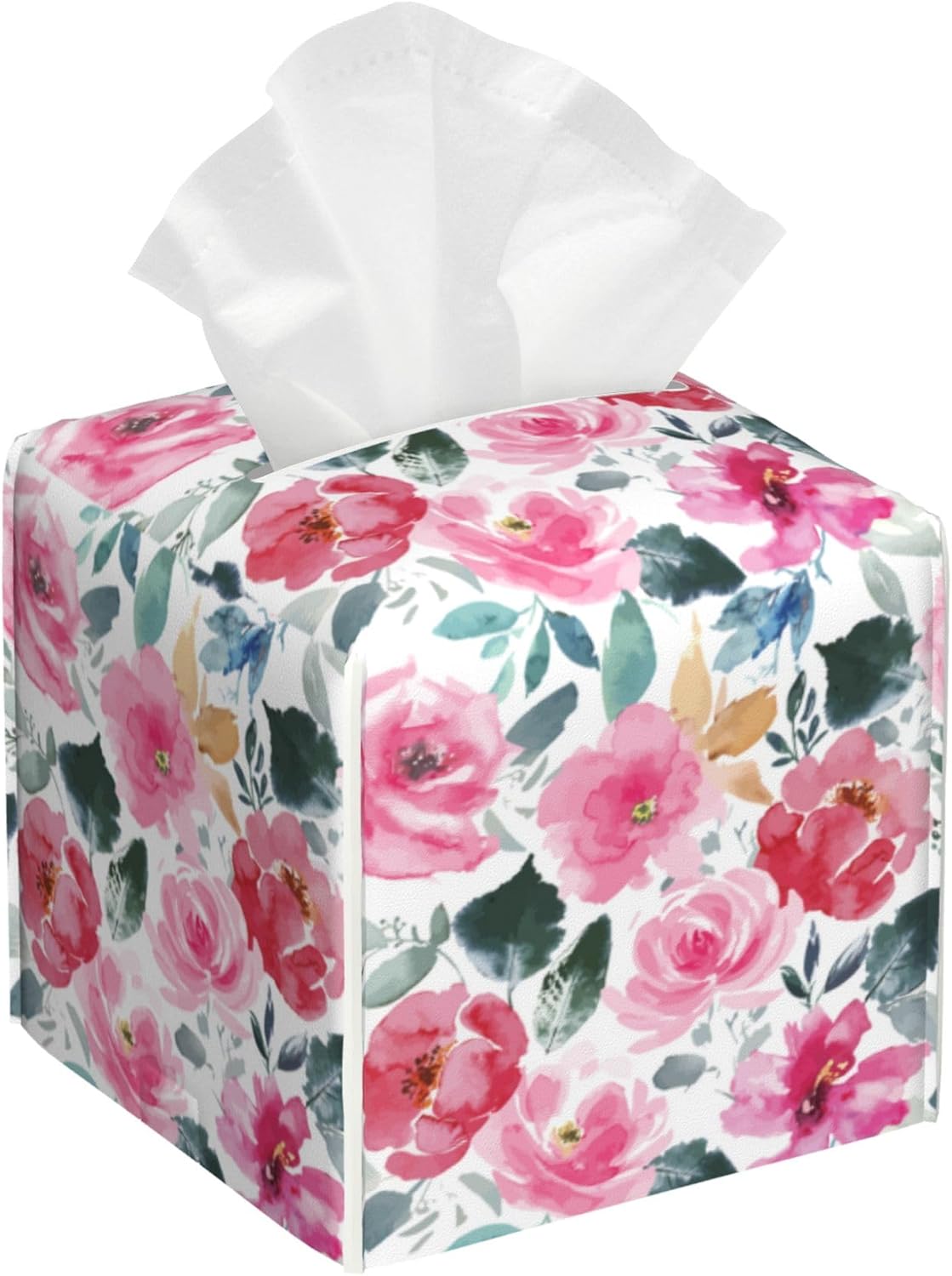 Pink Flowers and Green Leaves Tissue Box Cover Square,Abstract Watercolor Floral Tissue Box Holder Waterproof Leather Facial Paper Organizer Dispenser for Bathroom Home Car Nightstand Vanity Desk