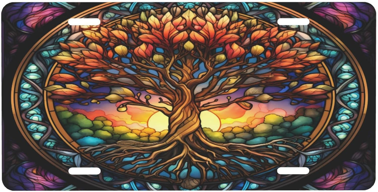 Abstract Tree of Life Colorful License Plate Funny Aluminum Front License Plates Decorative Waterproof Rust-Free Metal Car Plate Covers for Women Men Car Tag Accessories fit Truck SUV Rv 12 X 6 Inch