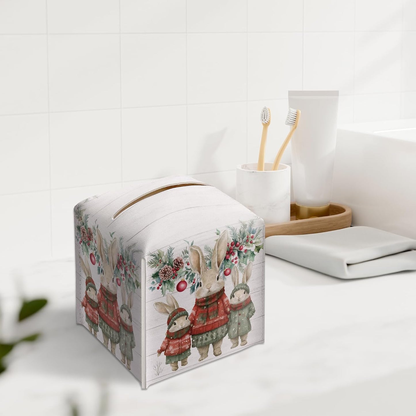 Christmas Tissue Box Holder, Christmas Bunny Leather Tissue Box Cover Square with Bottom Belt, Paper Facial Decorative Tissues Cover for Night Stands Bathroom Office Home Decor-B15